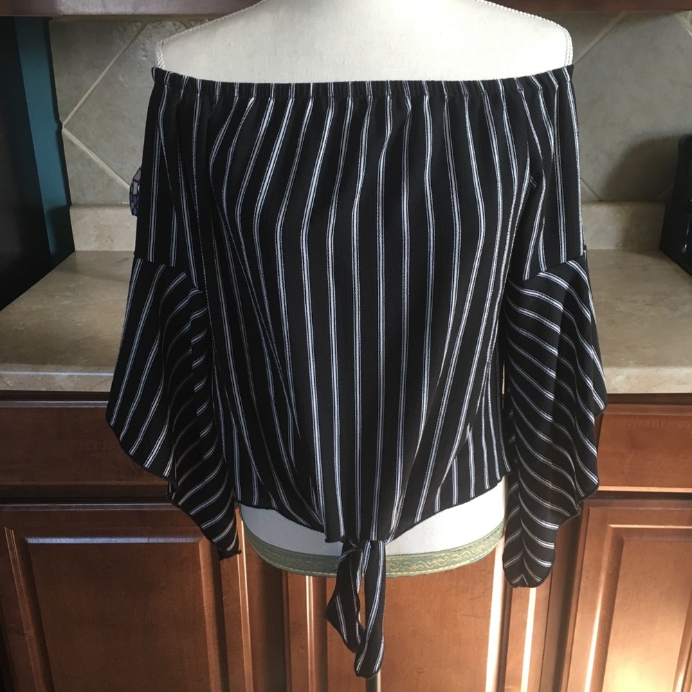 Jolie Striped Off the Shoulder Top w/ bell sleeves
